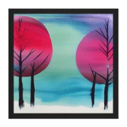 Artery8 Wall Art Print Winter Forest Tree Landscape Japan Inspired Modern Abstract Watercolour Painting Turquoise Pink Purple Square Framed Picture - thumbnail 1