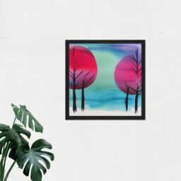 Artery8 Wall Art Print Winter Forest Tree Landscape Japan Inspired Modern Abstract Watercolour Painting Turquoise Pink Purple Square Framed Picture - thumbnail 2