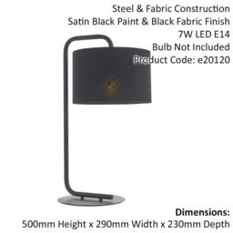 Loops Satin Black Table Lamp Light - 23cm Fabric Cylinder Shade - Bedroom Desk Light - thumbnail 2