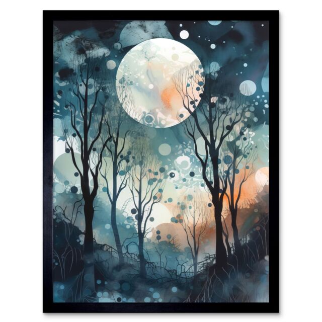 "Artery8 Wall Art Print Full Moon Winter Forest Landscape Snowfall over Trees at Night Art Framed in Black - Size: W12"" x H16""" - image 1