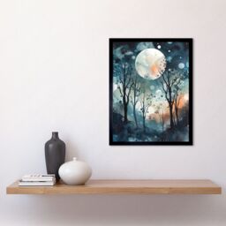 "Artery8 Wall Art Print Full Moon Winter Forest Landscape Snowfall over Trees at Night Art Framed in Black - Size: W12"" x H16""" - thumbnail 2