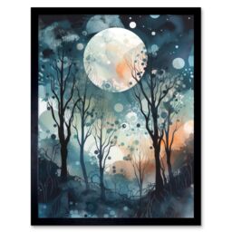 "Artery8 Wall Art Print Full Moon Winter Forest Landscape Snowfall over Trees at Night Art Framed in Black - Size: W12"" x H16""" - thumbnail 1