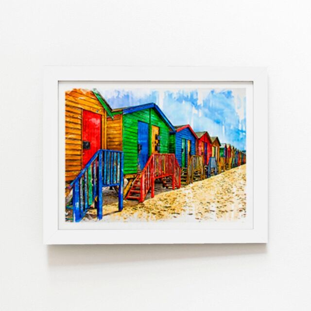 "Warren Reed - Designer Colourful Beach Cottages Sketch Framed Art Print in White - Size: W8"" x H10""" - image 1