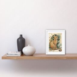 "Artery8 Wall Art Print Ocicat Cat with Teal Rosette Pattern Fur & Leafy Plants Watercolour Artwork Framed 9X7 Inch in White - Size: W7"" x H9""" - thumbnail 2