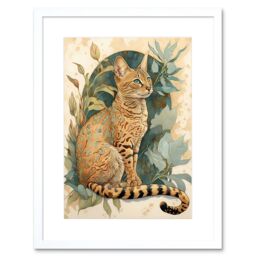 "Artery8 Wall Art Print Ocicat Cat with Teal Rosette Pattern Fur & Leafy Plants Watercolour Artwork Framed 9X7 Inch in White - Size: W7"" x H9""" - thumbnail 1