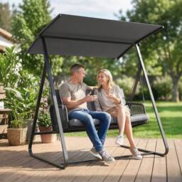 OUTSUNNY 2-Seater Rattan Swing Chair, Outdoor Garden Hanging Swing Seat in Dark Grey
