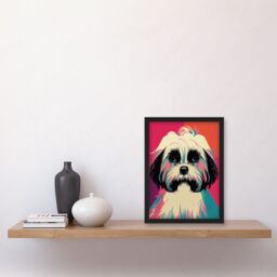 Artery8 Modern Cute Shih Tzu Dog Vibrant Bright Portrait in Pink Blue Orange Cream Artwork Framed Wall Art Print A4 in Black - thumbnail 2