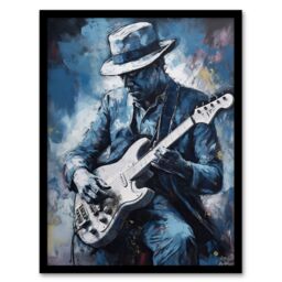 Artery8 Wall Art Print Guitarist Playing The Blues Oil Painting Musician Portrait Playing Electric Guitar Music Art Framed in Blue - Size: A4 - thumbnail 1