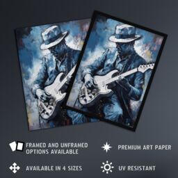 Artery8 Wall Art Print Guitarist Playing The Blues Oil Painting Musician Portrait Playing Electric Guitar Music Art Framed in Blue - Size: A4 - thumbnail 2