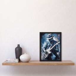 Artery8 Wall Art Print Guitarist Playing The Blues Oil Painting Musician Portrait Playing Electric Guitar Music Art Framed in Blue - Size: A4 - thumbnail 4