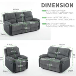 FURNITURE ONE Manual Reclining Sofa Set, Corduroy Fabric Sofa Suite - 1+1 Sofa Set in Grey - Size: 1 Pack - thumbnail 3