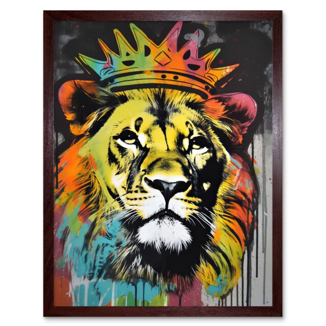 "Artery8 Wall Art Print King Lion wearing Crown Modern Stencil Graffiti Art Framed in Brown - Size: W12"" x H16""" - image 1