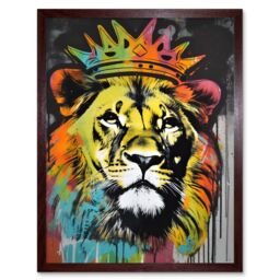"Artery8 Wall Art Print King Lion wearing Crown Modern Stencil Graffiti Art Framed in Brown - Size: W12"" x H16""" - thumbnail 1