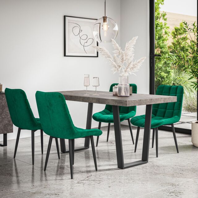 More4Homes Aria Dining Table & Chairs - Concrete Effect Table Top w Black Legs + Nova Velvet Dining Chair Set Of 6 in Green - image 1