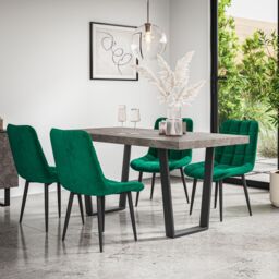 More4Homes Aria Dining Table & Chairs - Concrete Effect Table Top w Black Legs + Nova Velvet Dining Chair Set Of 6 in Green