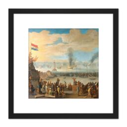 Artery8 Battle Near Livorno Anglo Dutch War Painting 8X8 Inch Square Wooden Framed Wall Art Print Picture with Mount in Black - thumbnail 1