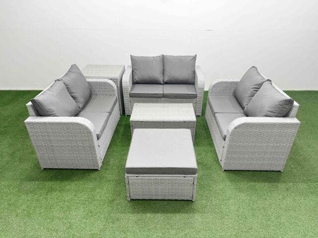 Fimous 7 Seater PE Wicker Rattan Furniture Sofa Sets with Rectangular Coffee Table 2 Seater Love Sofa Big Footstool Side Table Light Grey - image 1