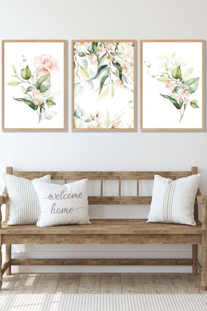 ARTZE Set of 3 Oak Framed Pink Watercolour Rose Bouquets Wall Art in Light Pink - Size: W53 cm x H73 cm x D20mm - image 1
