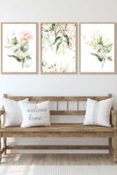ARTZE Set of 3 Oak Framed Pink Watercolour Rose Bouquets Wall Art in Light Pink - Size: W53 cm x H73 cm x D20mm - thumbnail 1
