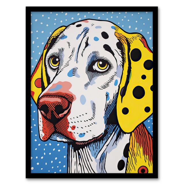 Artery8 Wall Art Print Dalmatian Dog Pop Art Painting Yellow Orange Blue Roy Lichtenstein Style Vibrant Pet Portrait Artwork Framed - Size: A4 - image 1