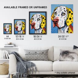 Artery8 Wall Art Print Dalmatian Dog Pop Art Painting Yellow Orange Blue Roy Lichtenstein Style Vibrant Pet Portrait Artwork Framed - Size: A4 - thumbnail 3