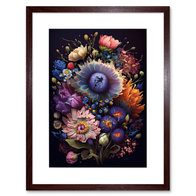 "Artery8 Wall Art Print Flower Bouquet Purple Pink Orange Floral Artwork Framed 9X7 Inch in Brown - Size: W7"" x H9""" - image 1