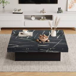 Matteo Modern Square Coffee Table - Faux Marble Top & Sliding Drawers in Black - thumbnail 6