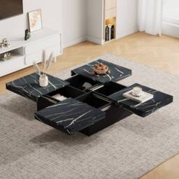 Matteo Modern Square Coffee Table - Faux Marble Top & Sliding Drawers in Black - thumbnail 1
