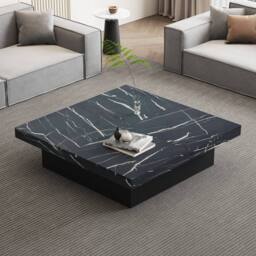 Matteo Modern Square Coffee Table - Faux Marble Top & Sliding Drawers in Black - thumbnail 2