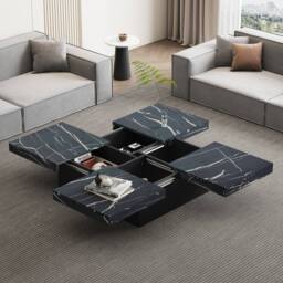 Matteo Modern Square Coffee Table - Faux Marble Top & Sliding Drawers in Black - thumbnail 4