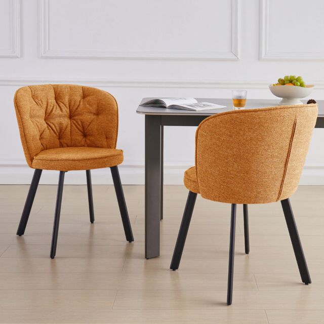 SONARA Modern Set of 2 Dining Chairs with Blended Woven Fabric & Metal Legs in Yellow - image 1