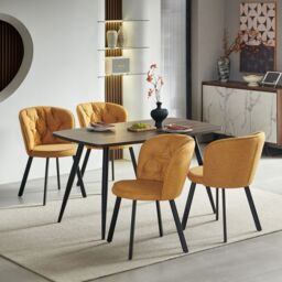 SONARA Modern Set of 2 Dining Chairs with Blended Woven Fabric & Metal Legs in Yellow - thumbnail 4