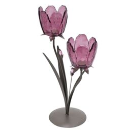 Hestia 2 Stem Candle Holder With Plum Glass On Taupe Base in Purple - thumbnail 2