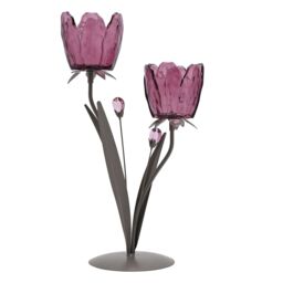 Hestia 2 Stem Candle Holder With Plum Glass On Taupe Base in Purple