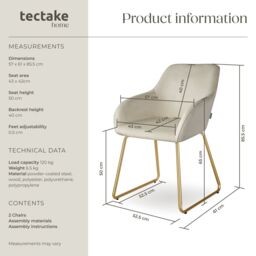 tectake Dining Chair Jeane Set Of 2 - Velvet Look Cream/Gold in Cream - Size: 2 Pack - thumbnail 6