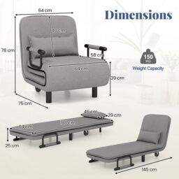 Costway 3-in-1 Convertible Sofa Bed Sleeper Chair w/Lumbar Pillow in Grey - thumbnail 2