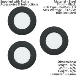 Loops 3 PACK Flush Ceiling Downlight Black Steel 2.7W Built in LED 85mm Round - thumbnail 2