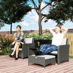OUTSUNNY Wicker Patio Conversation Set with 2 Armchairs & 6 Cushions in Cream - thumbnail 1