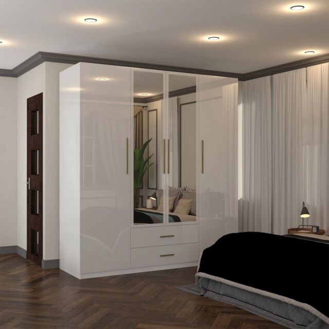 Sliding Wardrobes 4U Modern Wardrobe 4 Door High Gloss Wardrobe W 160cm x H 200cm x D 50cm in White - image 1