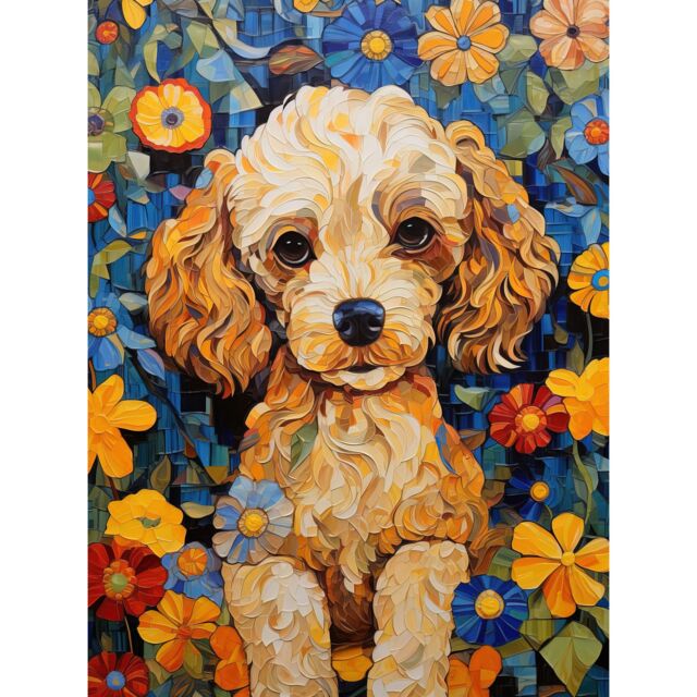 "Artery8 Wall Art Print Cockapoo Puppy Oil Painting Colourful Bright Bold Floral Fun Poster in Blue - Size: W12"" x H16""" - image 1
