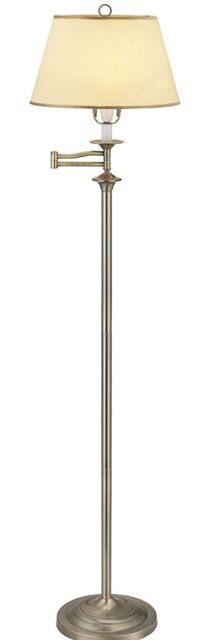 Happy Homewares Traditional Antique Brass Swing Arm Floor Lamp with Cream Shade in Metallic Gold