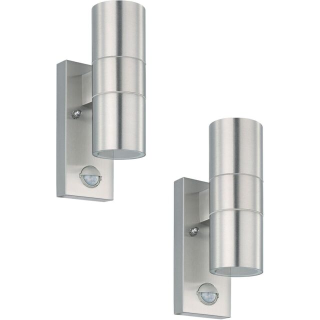 Loops 2 PACK IP44 Outdoor Wall Light & PIR Motion Sensor Stainless Steel 2x 3W GU10 in Metallics - image 1