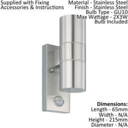 Loops 2 PACK IP44 Outdoor Wall Light & PIR Motion Sensor Stainless Steel 2x 3W GU10 in Metallics - thumbnail 2