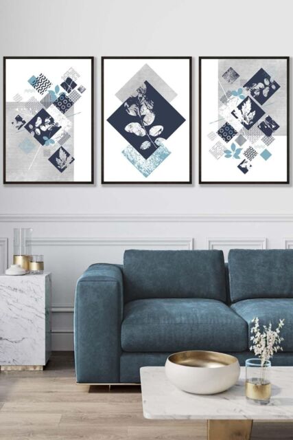 ARTZE Set of 3 Black Framed Graphical Abstract Floral Navy Blue Grey Wall Art - Size: W33 cm x H45 cm x D20mm - image 1