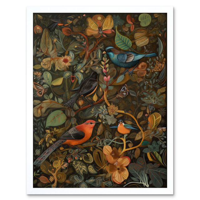 "Artery8 Wall Art Print Birds & Butterflies on Autumnal Tree Folk Art Framed in White - Size: W12"" x H16""" - image 1