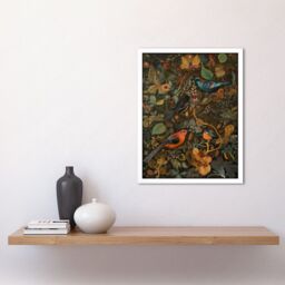 "Artery8 Wall Art Print Birds & Butterflies on Autumnal Tree Folk Art Framed in White - Size: W12"" x H16""" - thumbnail 2