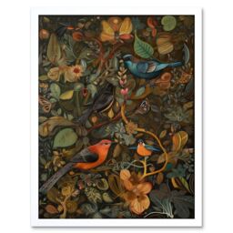 "Artery8 Wall Art Print Birds & Butterflies on Autumnal Tree Folk Art Framed in White - Size: W12"" x H16"""