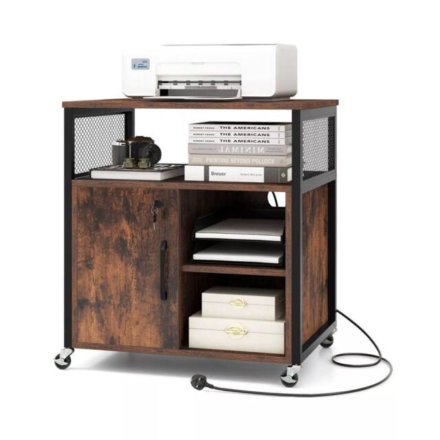 Costway File Cabinet on Wheels Mobile Lateral Filing Cabinet w/ Charging Station in Brown - image 1