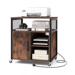 Costway File Cabinet on Wheels Mobile Lateral Filing Cabinet w/ Charging Station in Brown