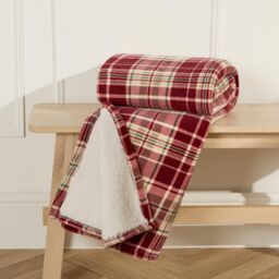 OHS Tartan Check Throw Over Bed Blanket Sherpa Fleece Warm Soft Plush Cosy Sofa Xmas in Red - thumbnail 3